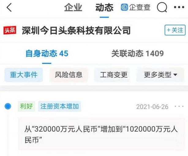 深圳今日头条注册资本增至102亿人民币 经营范围包含移动内容