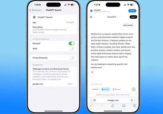 ChatGPT 更新后成为 Safari 浏览器的新搜索选择